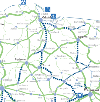 Zintegrowana Sieć Kolejowa — mapa korytarzy kolejowych w rejonie Bydgoszczy i Torunia